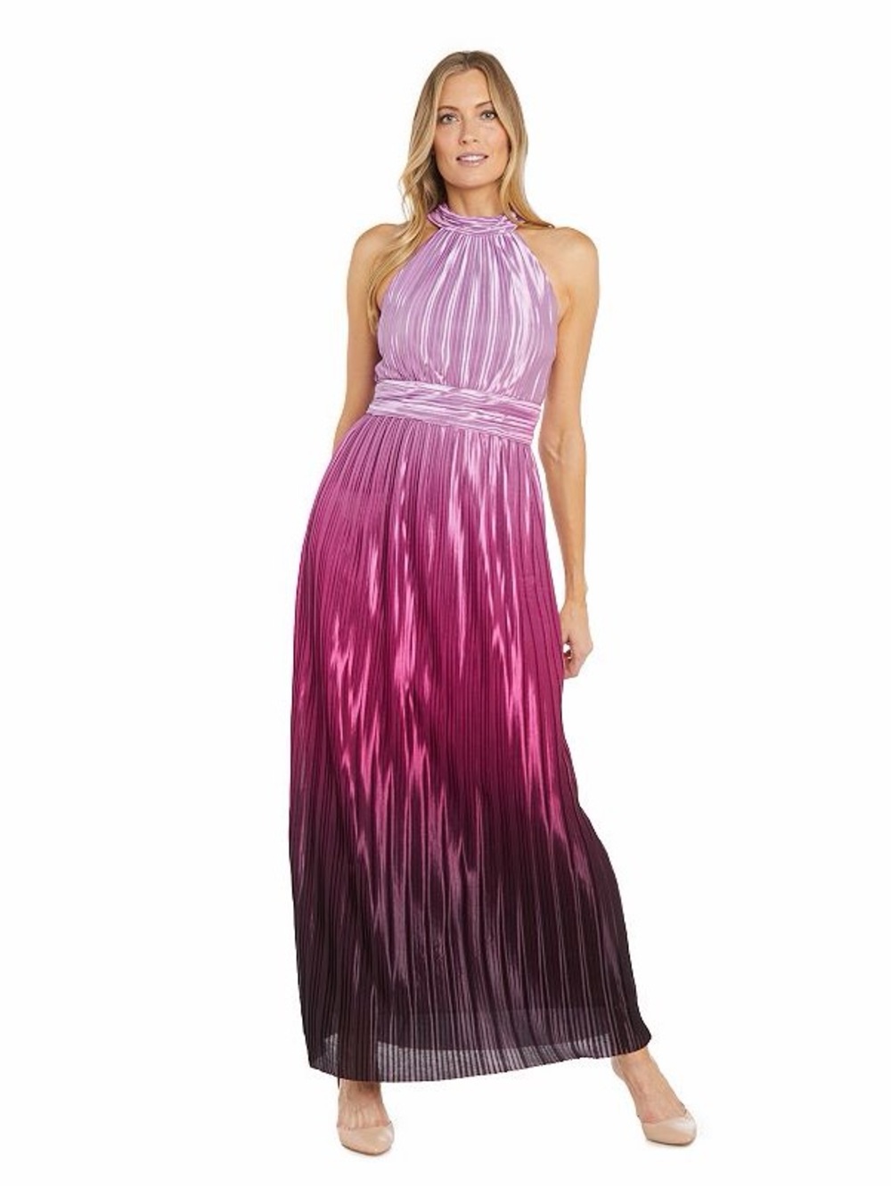 R&M Richards Pink-to-Purple Ombre Pleated Maxi Dress